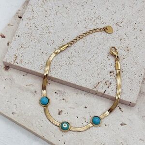 Gold Tone Evil Eye Snake Chain Bracelet Blue Turquoise Beads Adjustable S Steel
